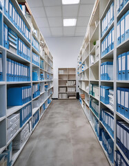 Obraz premium A meticulously organized archive room with labeled blue binders on white shelves