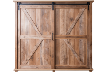 A rustic, farmhouse-style wardrobe with sliding barn doors and natural wood finishes, isolated on a white background