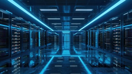 Server room in data center full of telecommunication equipment, concept of big data storage and cloud hosting technology, Ai generated.