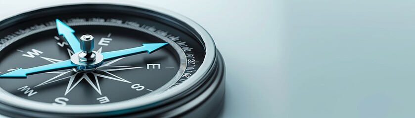 A compass with a blue arrow pointing to the E