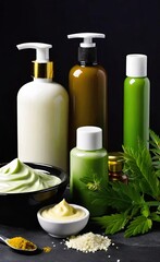 Elegant look herbal cream, shampoo and cosmatics items on a table in a dark background. This image is ai generated