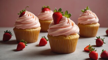 Cupcakes with cream and strawberries
