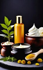 Elegant look herbal cream, shampoo and cosmatics items on a table in a dark background. This image is ai generated