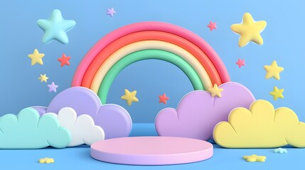 3D cartoon style colorful rainbow podium with cloud and star background.