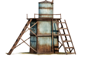 A rectangular, galvanized steel water tank with a rustic patina and a ladder attached to the side. Isolated on white background