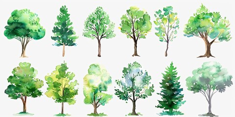 Fototapeta premium Collection of watercolor trees on white backdrop. Assortment of hand-painted trees. Pack of forest trees