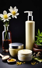 Elegant look herbal cream, shampoo and cosmatics items on a table in a dark background. This image is ai generated