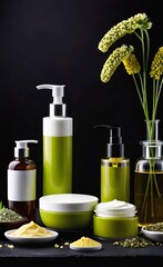 Elegant look herbal cream, shampoo and cosmatics items on a table in a dark background. This image is ai generated