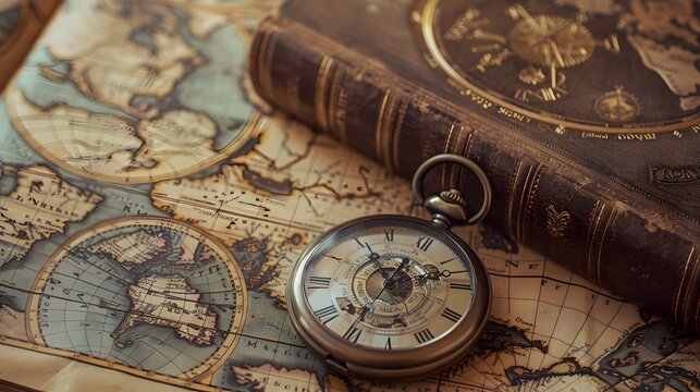 A pocket watch and book on an old map, symbolizing time travel or adventure in the style of vintage-inspired imagery.