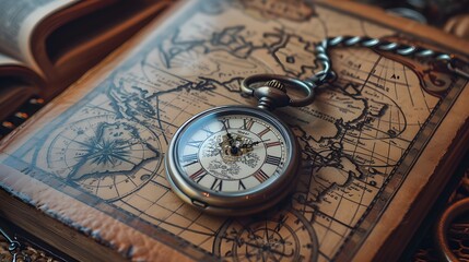 A pocket watch and book on an old map, symbolizing time travel or adventure in the style of vintage-inspired imagery.