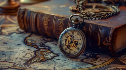 A pocket watch and book on an old map, symbolizing time travel or adventure in the style of vintage-inspired imagery.