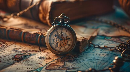 A pocket watch and book on an old map, symbolizing time travel or adventure in the style of vintage-inspired imagery.
