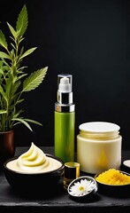 Elegant look herbal cream, shampoo and cosmatics items on a table in a dark background. This image is ai generated