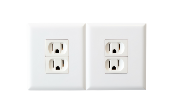 A power outlet integrated into a seamless white wall, creating a minimalist and modern aesthetic, isolated on a white background