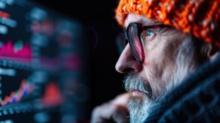 This image shows a blurred display of stock market charts with vibrant graphical elements, captured during the night, emphasizing the financial data and trading aesthetics.