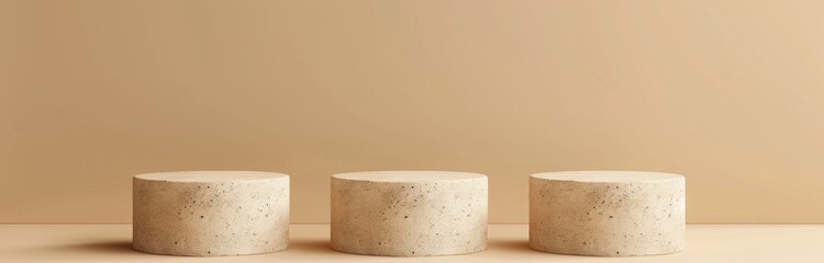 Minimalistic 3D Rendering of Beige Cylinder Podiums on Abstract Geometric Pattern Background for Product Presentation in Flat Design Style
