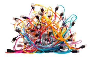 A power outlet bursting with colorful cables and cords, representing connectivity and energy flow, isolated on a white background