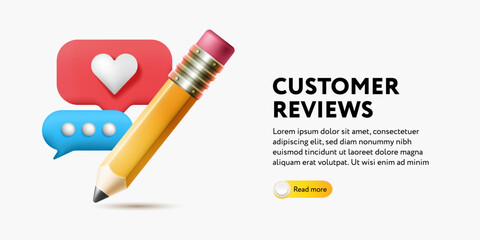 Online feedback. Pencil with like customer review and speech bubble message. Write comment on product. Survey form. Forum with polls. Best rating. Cartoon creative design