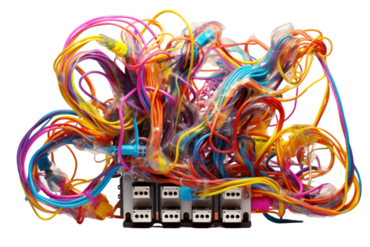 A power outlet bursting with colorful cables and cords, representing connectivity and energy flow, isolated on a white background