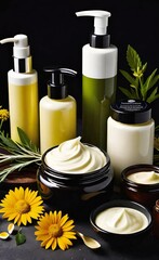 Elegant look herbal cream, shampoo and cosmatics items on a table in a dark background. This image is ai generated
