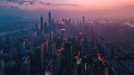 Fototapeta premium Panoramic aerial view of Shenzhen cityscape at dusk, showcasing modern high-rise buildings and urban skyline. Bustling metropolis in China with stunning skyscrapers, modern architecture