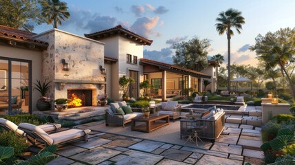 A large house with a fireplace and a pool. The house is surrounded by trees and has a lot of outdoor furniture