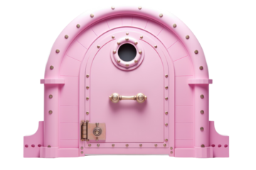 A playful pink PVC door with a whimsical design. Isolated on white background.