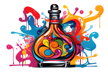 A playful, colorful perfume bottle with a pop art design and a playful font. Isolated on white background