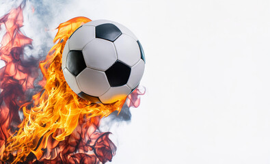 Fototapeta premium The soccer ball in flames flew towards the target, 