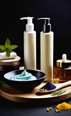 Elegant look herbal cream, shampoo and cosmatics items on a table in a dark background. This image is ai generated
