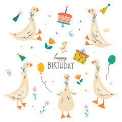 Set of cartoon geese. Funny goose with birthday cap and lettering Happy Birthday. Funny birthday card design Isolated on white background. Good for posters, t shirts, postcards. © Irina Ostapenko