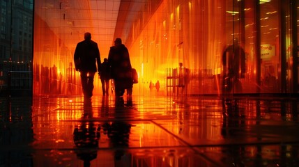 Fototapeta premium Silhouetted figures walking through a city at dusk, with a glowing orange sky and reflective surfaces