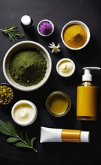 Elegant look herbal cream, shampoo and cosmatics items on a table in a dark background. This image is ai generated