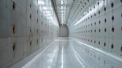 Obraz premium A futuristic wind tunnel interior featuring a repeating pattern of holes and bright lights, providing a perspective view of a clean, symmetrical high-tech testing environment.