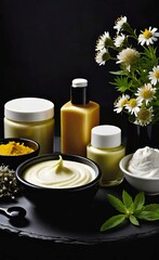 Elegant look herbal cream, shampoo and cosmatics items on a table in a dark background. This image is ai generated