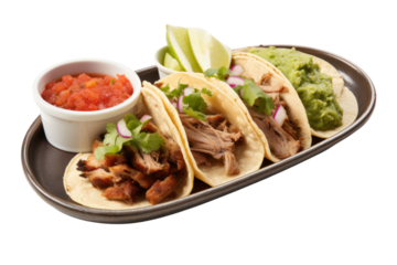 A platter of pork tacos, filled with tender pork carnitas, fresh toppings, and a side of salsa and guacamole, on a white background.