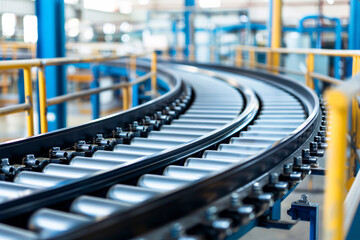 Obraz premium Detailed view of a factory conveyor belt system curving through an industrial setting emphasizing the mechanical equipment