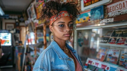 Obraz premium Black African American Gen Z Young Woman in 90s Style Clothes: Retro and Vintage Fashion