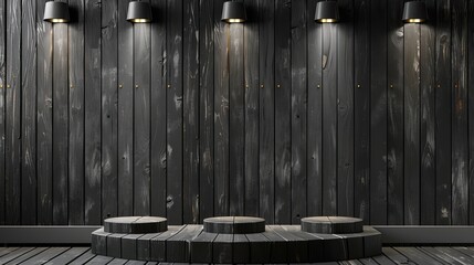 A black wooden wall with three pedestals on it. The wall is bare and has no decoration