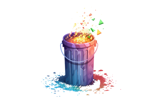A pixel art rendition of a pixelated trash can overflowing with colorful pixelated garbage, set against a stark white background.