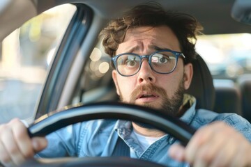 A confused portrait man is driving a car