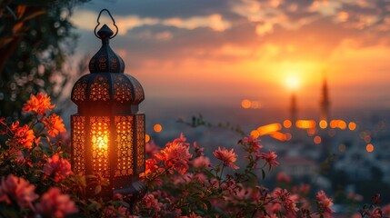 Fototapeta premium happy Ramadan Kareem with golden lanterns and sunset