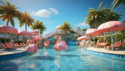 pool with flamingos..flamingo in the water.pool, beach, water, swimming,