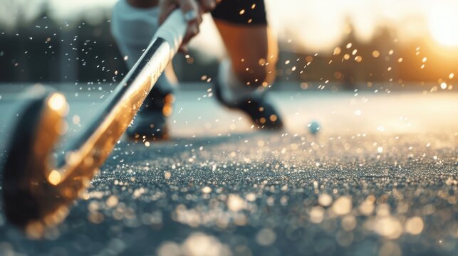 A field hockey player in action, striking the ball on a wet surface, with water droplets prominently visible, capturing the intensity and motion of the sport.