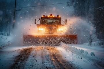 A formidable snowplow truck head-on, its lights piercing through a blizzard as it pushes snow off a residential road