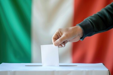 Obraz premium A hand casting a ballot with a blurred Italy flag in the background