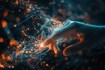 A human finger touching a network of glowing digital connections on a dark background, concept of connectivity