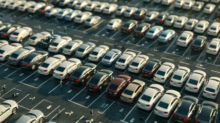 Fototapeta premium An aerial view of a commercial parking lot filled with numerous white cars parked in rows, showcasing a busy fleet of vehicles