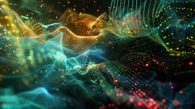 An abstract visualization of big data streams, complex graphs, and digital interfaces representing AI data processing. Generative AI