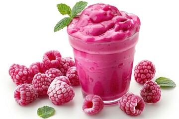 Delicious raspberry smoothie in a glass with fresh raspberries and mint garnish. Perfect for a healthy snack or refreshing drink.